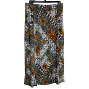 SJS Midi Skirt Pull-On Elastic Waist Button Accents Front Slits Women's Size M